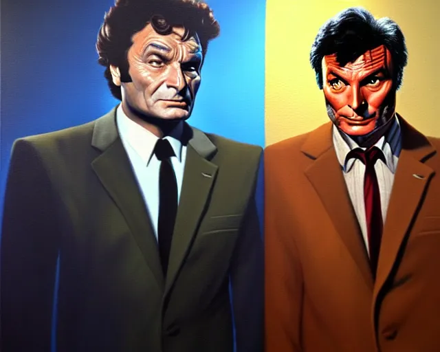 Prompt: peter falk's detective columbo meets adam west's batman, realistic, oil painting, hq scan, artstation trending