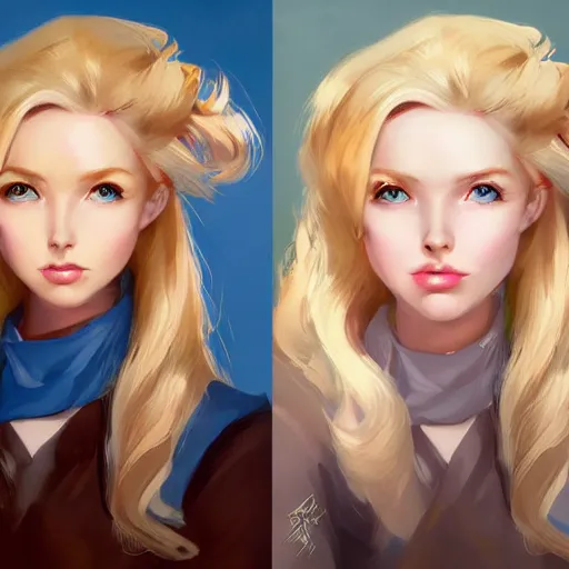 Prompt: portrait of beautiful girl with blond hair and blue eyes, League of Legend illustration by Sam Youn:1, profile picture by Gil Elvgren:2, asymmetrical, Organic Painting, Ambient Occlusion:3, Matte Painting, bold shapes, hard edges, street art, trending on artstation, realistic:2 by Sachin Teng:5