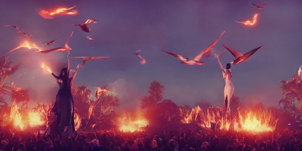 Image similar to realistic cinematic views of a Orwellian Coachella with fires in the background and dead seagulls falling from the sky in front of the main stage worshipping a large statue of kim kardashian, hyper detailed, terror glows, hyper realistic, digital painting, 8k, 35mm film grain, octane render