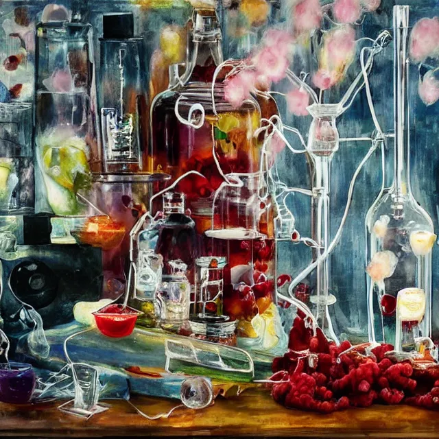 Prompt: sensual, dripping candles, medical equipment, a female art student is an octopus, many fish, berry juice drips, pancakes, iced latte, honey, painting of a woman, berries, white flowers in scientific glassware, art supplies, white candles dripping wax, neo - impressionist surrealism, acrylic and spray paint and oilstick on canvas