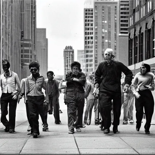 Image similar to street photography from 1961 Chicago, zombies walking politely down the sidewalk, in the style of Vivian Maier