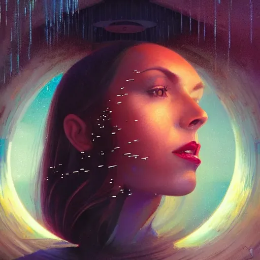 Prompt: detailed face of a woman, large hadron collider, dimensional portal, teleportation, wet reflections, prism, atmospheric, ambient, pj crook, syd mead, livia prima, artgerm, greg rutkowski, nick alm, casey baugh