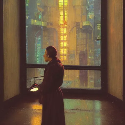 Prompt: detailed portrait of a woman, moment, cyberpunk cloisters, electronic billboards, tech noir, wet reflections, atmospheric, ambient, livia prima, greg rutkowski, wlop, george tooker, gil elvgren, grant wood, alexis flower, hopper, mucha, whistler, norman rockwell, peter max,