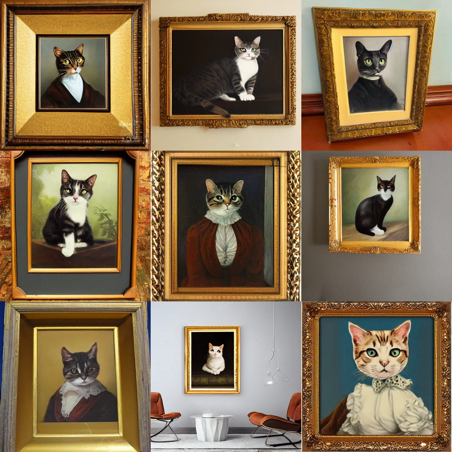 Prompt: victorian style domestic cat portrait framed painting on the wall in a museum