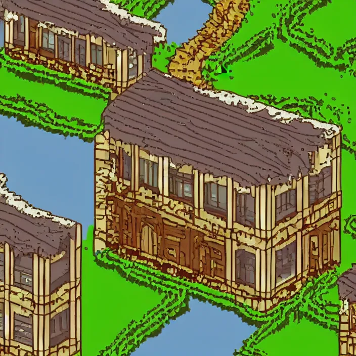 Image similar to a building in a serene landscape, pixel art