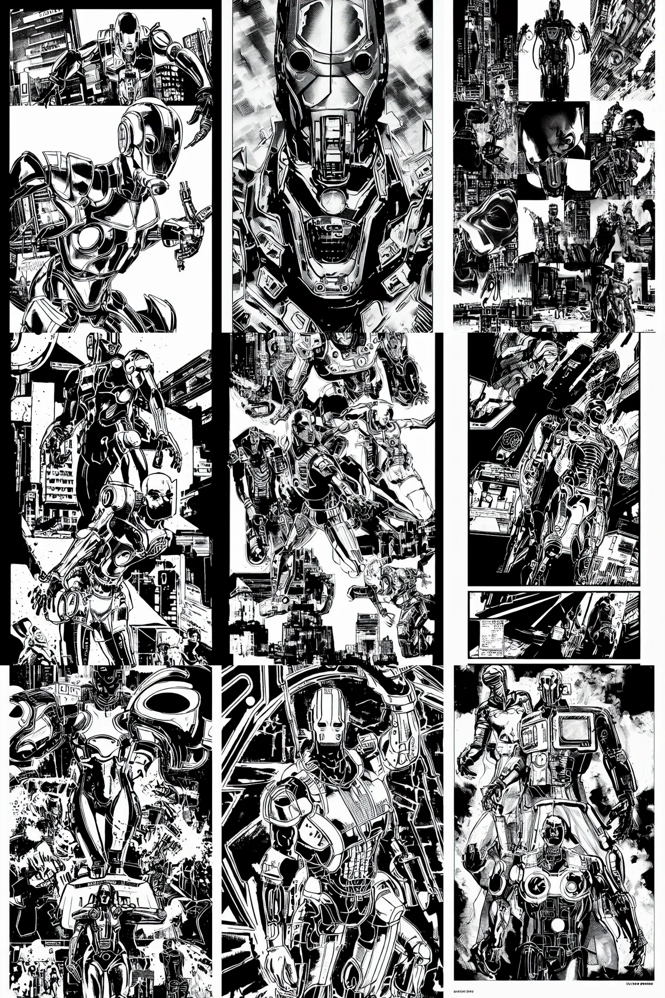 Image similar to ultron, a page from cyberpunk 2 0 2 0, style of paolo parente, style of mike jackson, adam smasher, johnny silverhand, 1 9 9 0 s comic book style, white background, ink drawing, black and white