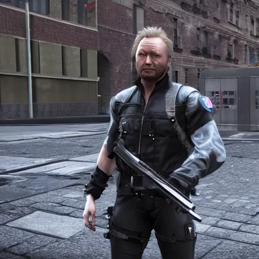 Prompt: Limmy on the streets of Glasgow dressed a solid snake from metal gear solid, unreal engine, octane render, 4k, cinematic,