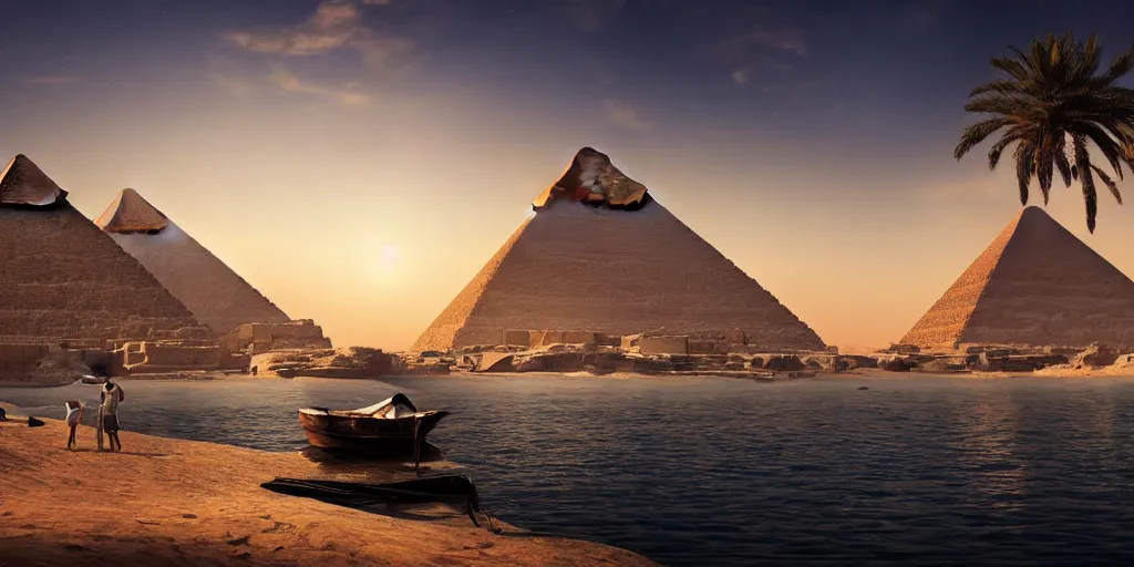 Image similar to beautiful egypt landscape, environment, lake, film, dramatic, cinematic, highly detailed, mid day, large scale, hyperrealistic, realistic lighting, octane render, by wlop, artgerm, trending on artstation hd, 8 k, clear, sharp
