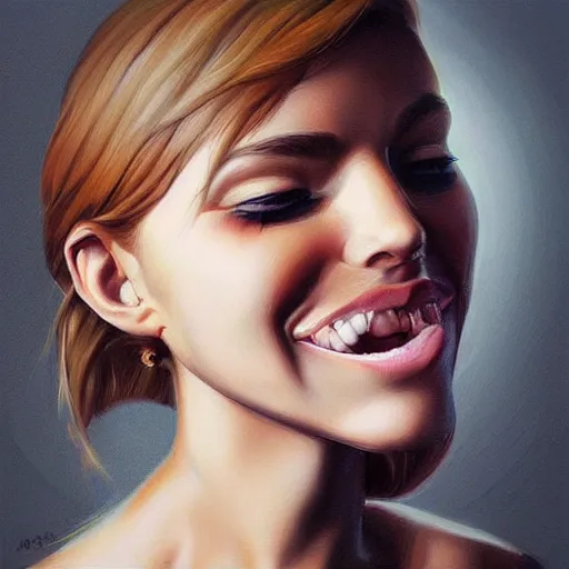 Image similar to a mouth a bit open, two eyes half closed and half a smile on her soul makes a beautiful portrait on the wall. by artgerm and Rich Pritch