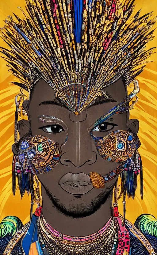 Prompt: upper half portrait of retro futuristic african tribal chief - embellished with vegetation and iridescent crystals, art by utagawa kunisada, highly detailed, digital painting, concept art, illustration, sharp focus, intricate, symmetry, artstation, colourful,