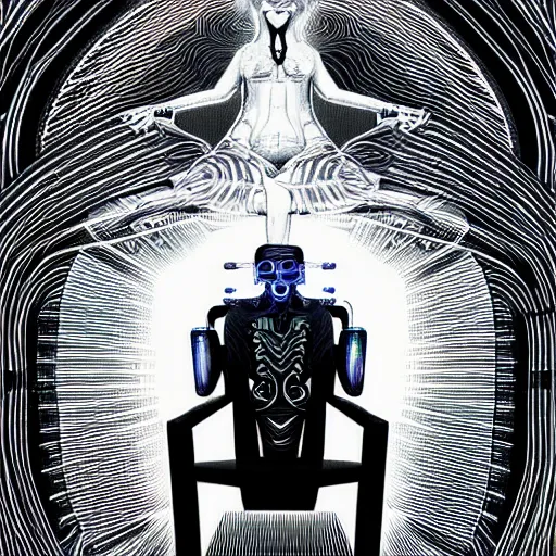 Image similar to a drawing of a person sitting on a chair, cyberpunk art by ernst fuchs, behance contest winner, metaphysical painting, darksynth, fractalism, circuitry, arstation