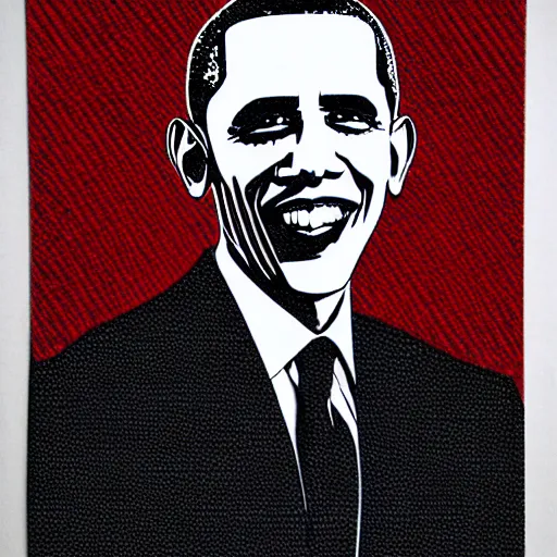 Image similar to obama in a suit and tie with a creepy face, a screenprint by warhol, reddit contest winner, antipodeans, hellish, anaglyph filter, hellish background