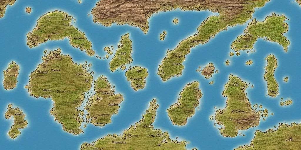 Prompt: a fantasy map of a large archipelago, digital art, 8 k