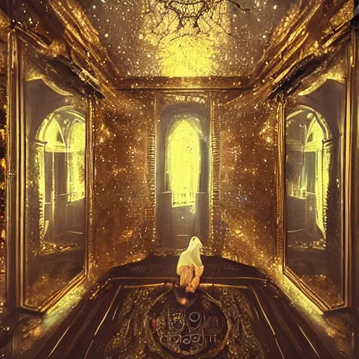Image similar to a room made of mirrors and stars, mystical, first person pov, realistic fantasy photography
