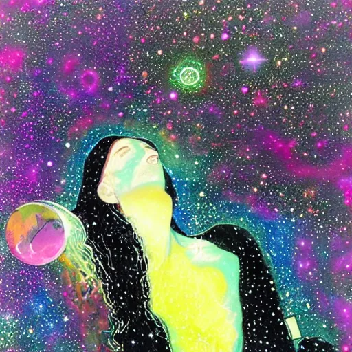 Image similar to hypersurreal dreamlike fey reclining on cosmic roots, infinity, nebula, smeared acrylic paint and glitter on shiny black tile, space telescope