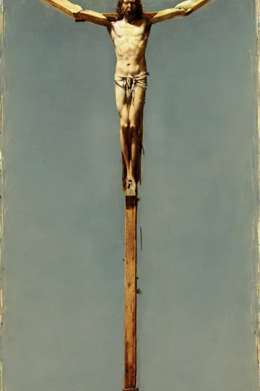 Image similar to a huge light beam illuminating jesus christ crucified painted by cy twombly and andy warhol