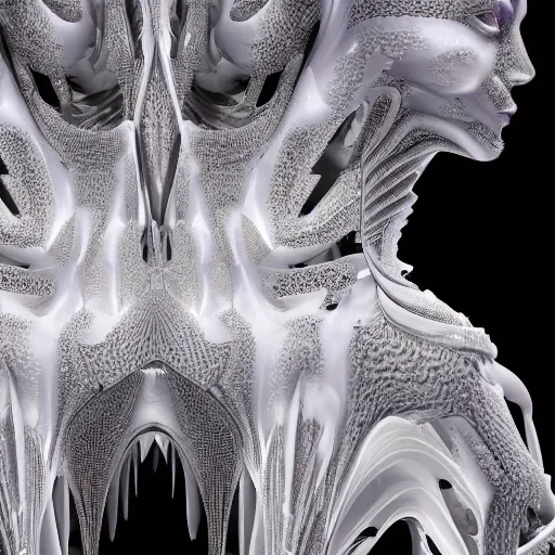 Prompt: cyberpunk irradiance by zaha hadid, iris van herpen and rick owens. highly detailed, hyper - real, very beautiful, intricate fractal details, very complex, opulent, epic, mysterious, polished, futuristic design, trending on deviantart and artstation