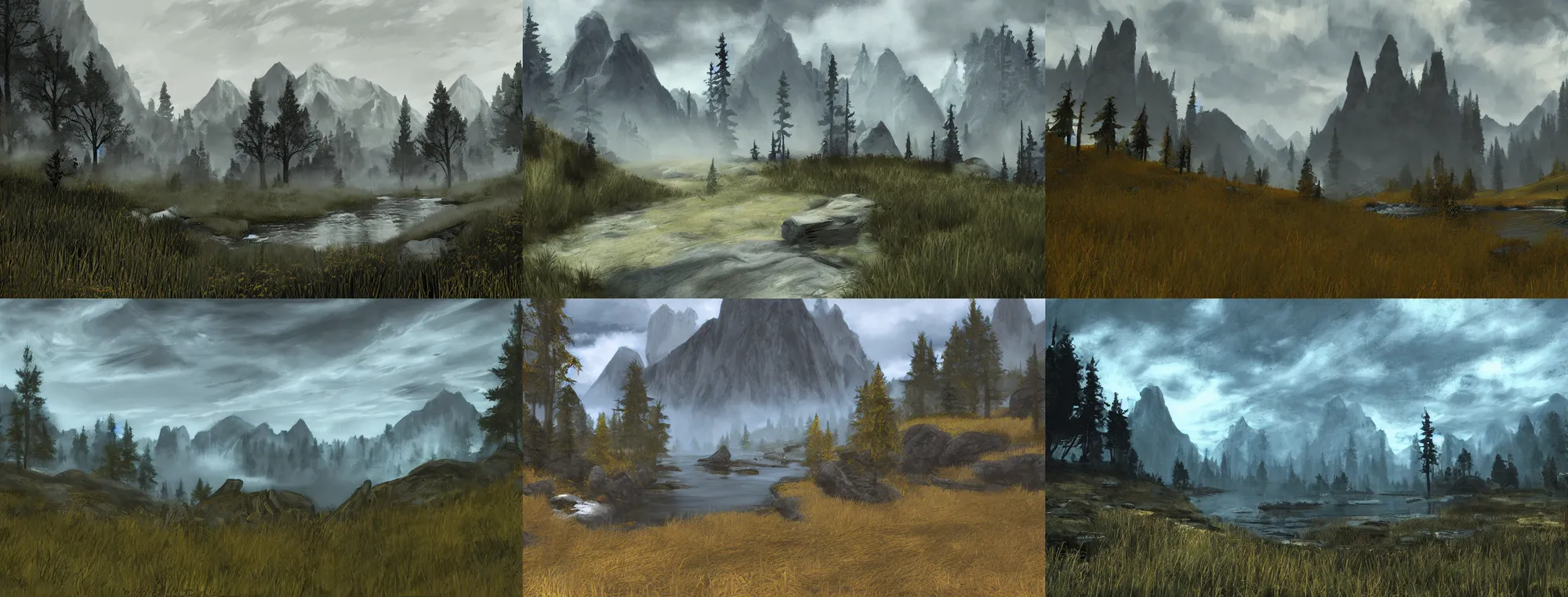 Prompt: Peaceful landscape painting in the style of Skyrim