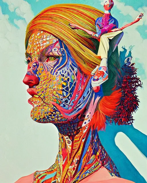 Prompt: a beautiful girl wearing colourful face paint surrounded by bright intricate patterns, painted by edward hopper, wayne barlowe, painted by james gilleard, airbrush, art by jamesjean