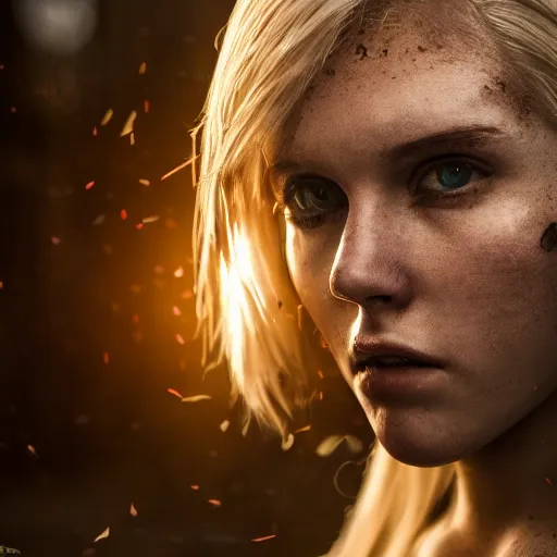 Image similar to beautiful blond cyborg girl in full battle gear in a destroyed city, moody lighting, 8 k, shallow depth of field, cinematic lighting,