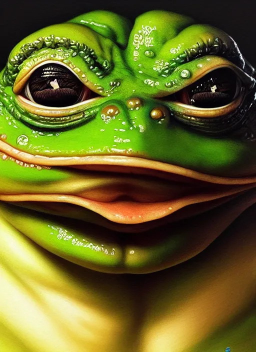 Prompt: slimy pepe the frog, drool, portrait, intricate, elegant, highly detailed, digital painting, artstation, concept art, wallpaper, smooth, sharp focus, illustration, art by h. r. giger and artgerm and greg rutkowski and alphonse mucha