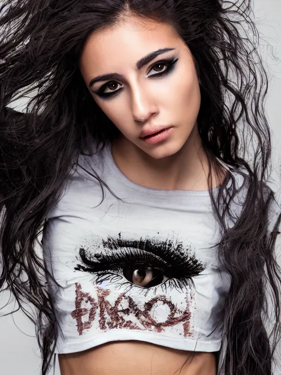 Image similar to hyperdetailed photo of a beautiful italian girl, brown eyes, dark hair, black makeup, skin, winds of winter, with ripped crop t - shirt with a logo, fine - face, pretty face