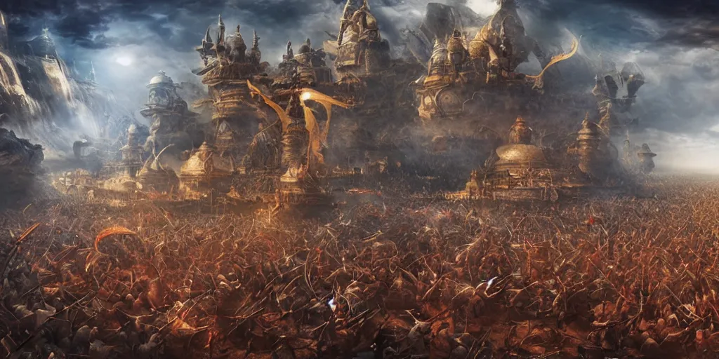 Prompt: War of Mahabharata, Futuristic, High -tech, 4k, highly detailed, matte painting