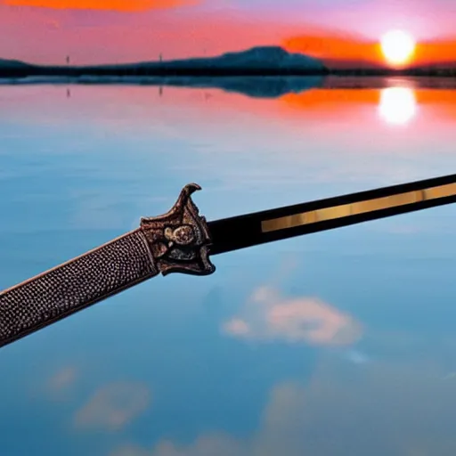 Image similar to a floating sword in front of a sunrise, extremely realistic and beautiful