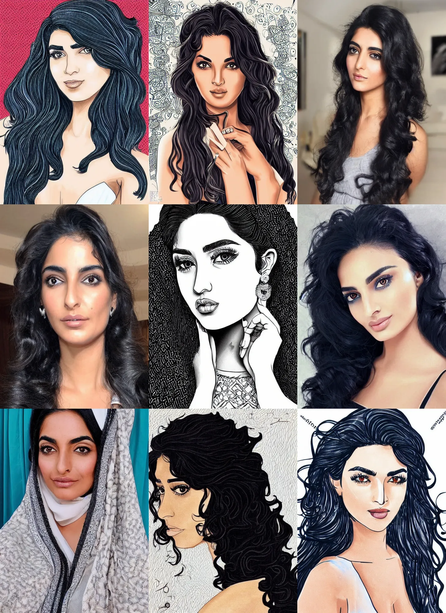 Prompt: tanned ameera al taweel, blue eyes, wavy black hair, confident beautiful line art