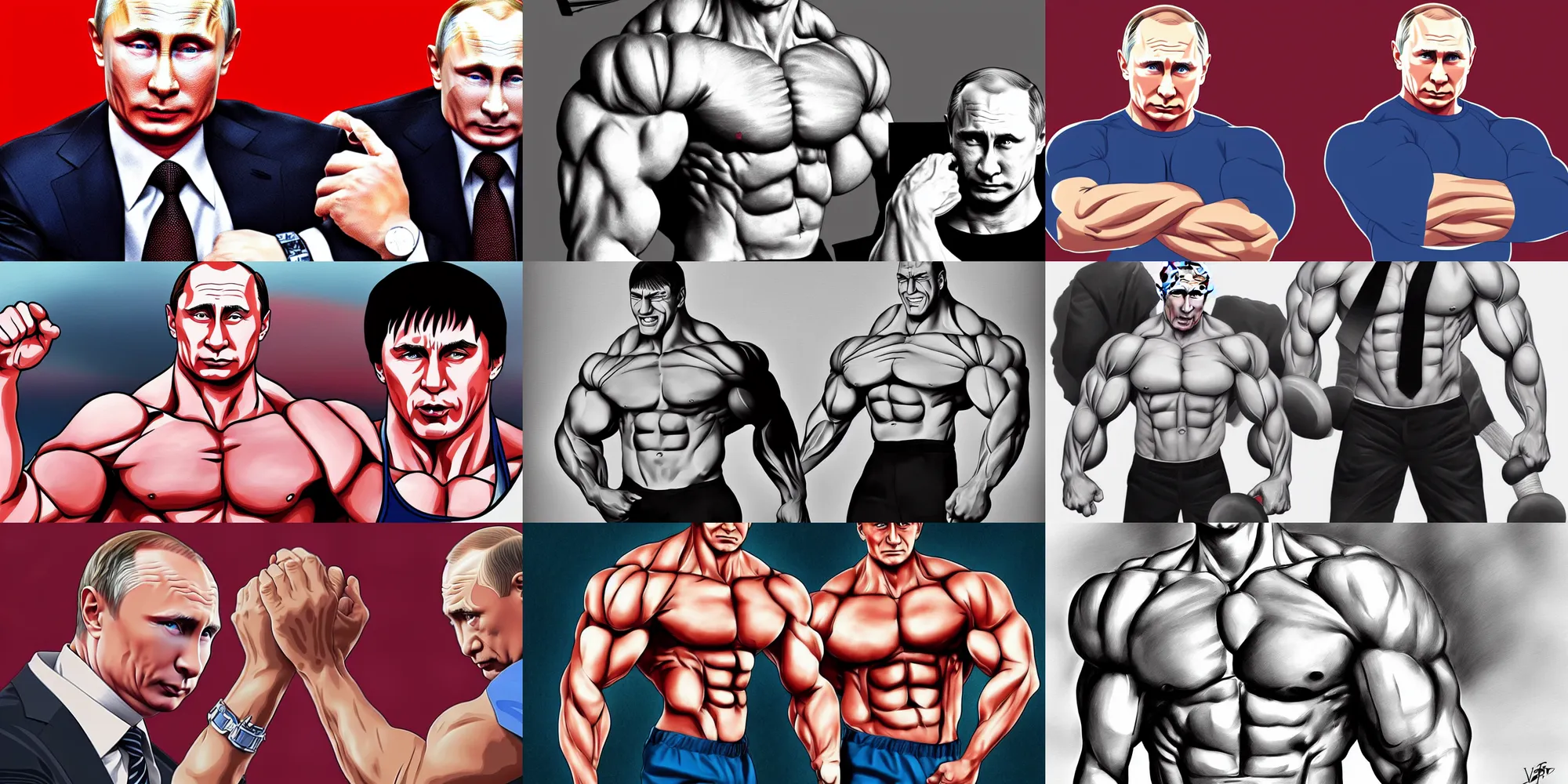 Prompt: vladimir putin, big muscles, anime, illustration, hyper realistic