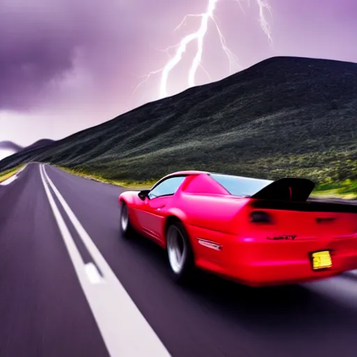 Prompt: nightmarish creatures rushing towards car, black pontiac firebird trans - am driving towards the camera, norway mountains, red glow in sky, cinematic, motionblur, volumetric lighting, wide shot, low angle, large lightning storm, thunder storm