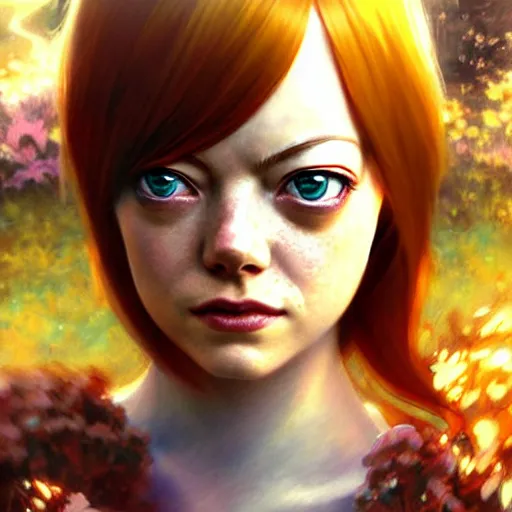 Prompt: emma stone as anime girl, mushroom kingdom, fantasy character portrait, concept art, interesting angle, intricate details, highly detailed by greg rutkowski, gaston bussiere, craig mullins, simon bisley