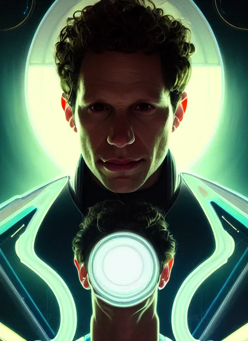 Image similar to symmetry! portrait of glenn howerton, sci - fi, tech wear, glowing lights!! intricate, elegant, highly detailed, digital painting, artstation, concept art, smooth, sharp focus, illustration, art by artgerm and greg rutkowski and alphonse mucha