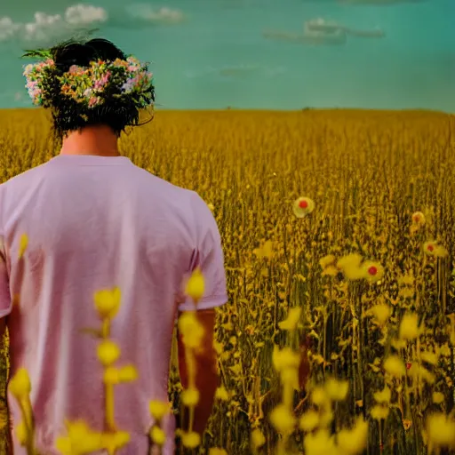 Prompt: revolog volvox photograph of a skinny blonde guy standing in a field of flowers, flower crown, back view, grain, moody lighting, telephoto, 9 0 s vibe, blurry background, vaporwave colors!, faded!,