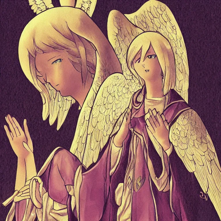 Image similar to beautiful detailed illustration of catholic anime angel praying in church, pixiv