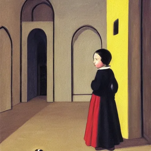 Prompt: a painting of a little girl with short black hair and wearing a yellow coat far away alone in the inner courtyard of an abbey by hopper and de chirico