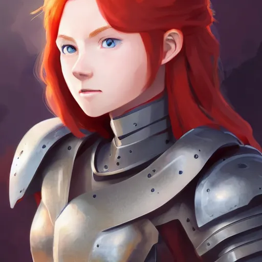 Image similar to portrait of a young redheaded woman with blue eyes and wearing a armor, medieval background, highly detailed, digital painting, artstation, matte, by makoto shinkai, animation style, studio ghibli, anime key visual