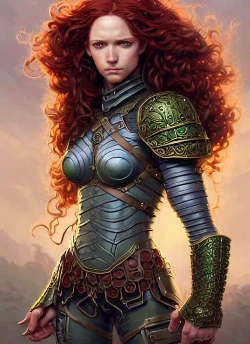 Prompt: ranger, light armor!!! long curly red hair!! covered chest!!! green eyes, fantasy, d & d, intricate ornate details, digital painting, pretty face!!, symmetry, concept art, sharp focus, illustration, art by artgerm! greg rutkowski magali villeneuve wlop! ilya kuvshinov!!, octane render