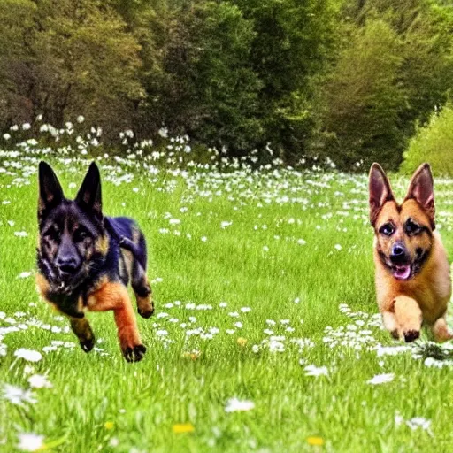 Prompt: German shepherd dog and bunny running in a field with daisies, trees in the distance with sun blue skies a couple of clouds