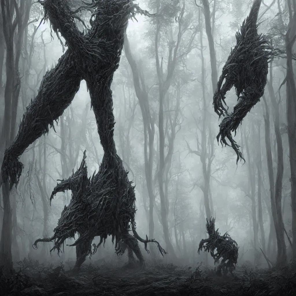 Prompt: Photorealistic giant nightmare creature in the ominous foggy woods in the style of Michael Whelan and Gustave Dore. Hyperdetailed photorealism, epic scale, misty, 108 megapixels, amazing depth, glowing rich colors, powerful imagery, psychedelic Overtones, 3D finalrender, 3d shading, cinematic lighting, artstation concept art