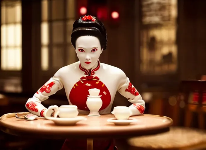 Prompt: movie still of a beautiful woman made out of porcelain sitting at a table in a cafe, wearing a red cheongsam, smooth white skin, creepy, directed by Guillermo Del Toro