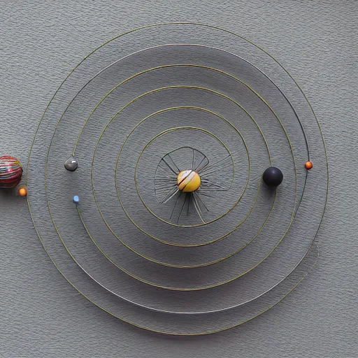 Prompt: a kinetic sculpture of this solar system hanging from horizontal line, orrery, canon 5 d 5 0 mm lens, papier - mache
