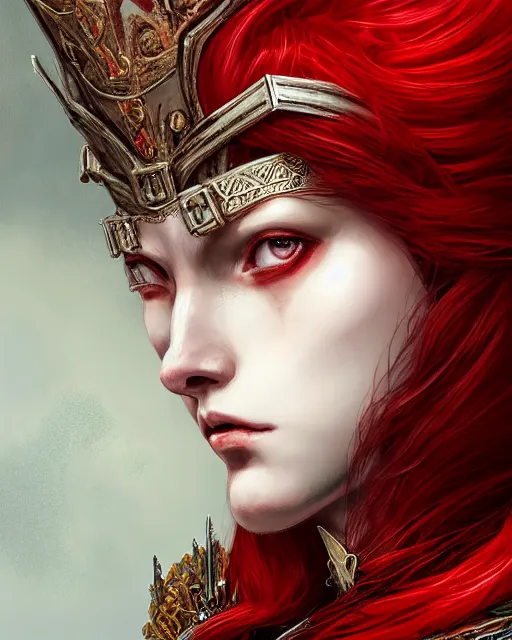 Image similar to redhead queen knight in red armor, inside an epic gothic castle, baroque, large crown, face with scars, intimidating, ominous, high fantasy, intricate detail, digital painting, artstation, concept art, smooth, sharp focus, illustration, art by yoshitaka amano and monia merlo and wlop