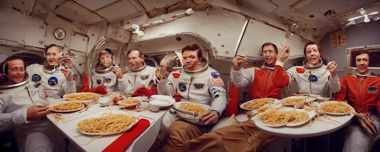 Prompt: astronauts eating spaghetti on their way to the moon, ultra - realistic faces, fine detail, anon 5 0 mm, in the style of diane arbus, in the style of wes anderson, kodachrome, retro