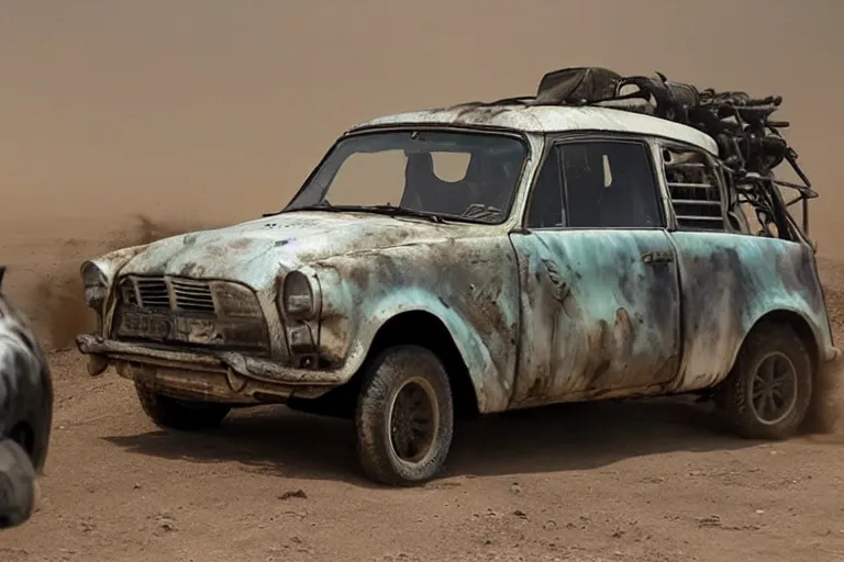 Image similar to trabant in mad max fury road, scene from the film