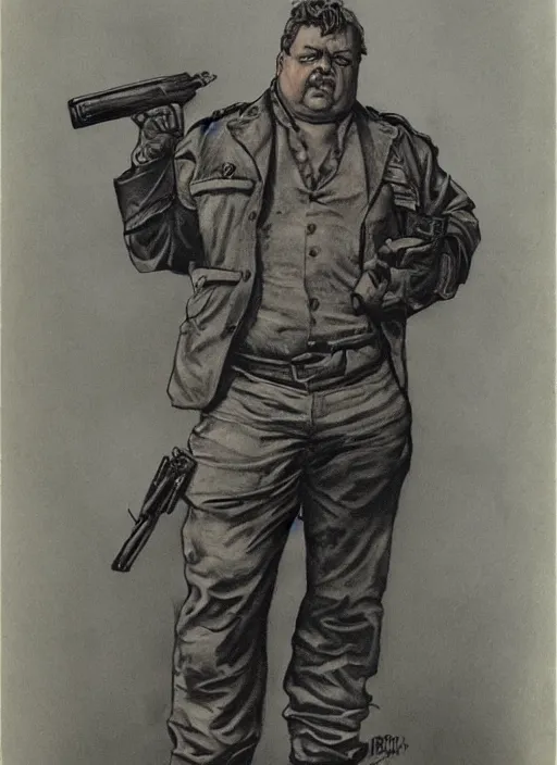 Image similar to gk chesterton as a buff mercenary with tattoos and a shotgun. portrait by james gurney.