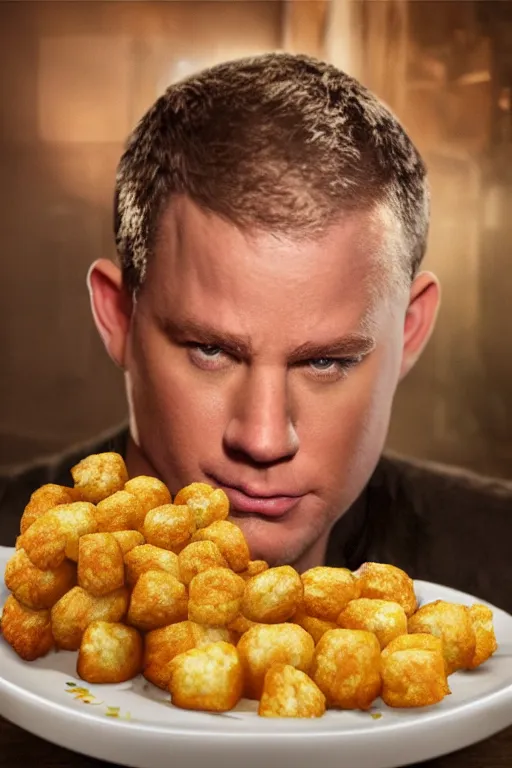 Image similar to a big tater tot on a plate with channing tatum face, intricate, 8 k highly professionally detailed, hdr, cgsociety