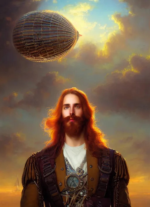 Image similar to portrait painting of a handsome face rugged long hair crimson hair male captain, top half portrait soft hair steampunk ornate mechanical zeppelin blimp airship in the background sky sunset golden hour fantasy soft hair deviantart book cover art dramatic volumetric lighting art by wlop greg rutkowski gaston bussiere