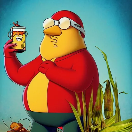 Prompt: Lofi peter griffen from family guy with corn, Pixar style, Tristan Eaton, Stanley Artgerm, Tom Bagshaw