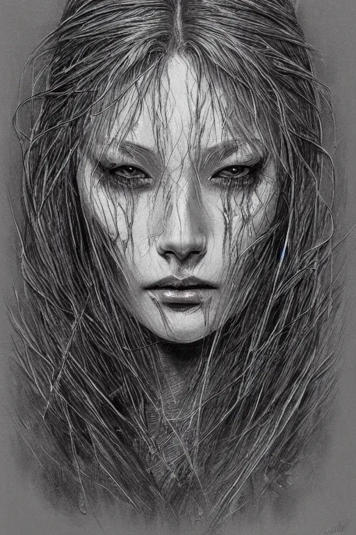 Image similar to female beautiful witch head portrait album cover hyper detailed concept art sheet crosshatch sketch illustration art style by Jonathan Wayshak and Toshihiro Egawa and Zdizslaw Beksinski and Artstation trending 8k